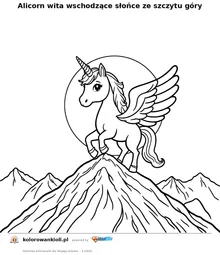 Alicorn wita wschodzace slonce ze szczytu gory — kolorowanka do wydruku dla dzieci