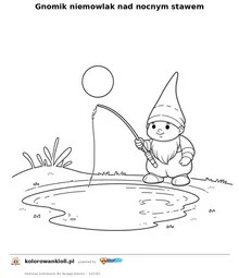 Gnomik niemowlak nad nocnym stawem — kolorowanka do wydruku dla dzieci