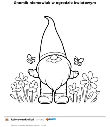 Gnomik niemowlak w ogrodzie kwiatowym — kolorowanka do wydruku dla dzieci