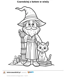 Czarodziej z kotem w wieży — kolorowanka do wydruku dla dzieci