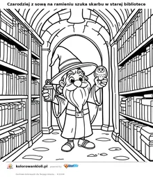 Czarodziej z sową na ramieniu szuka skarbu w starej bibliotece — kolorowanka do wydruku dla dzieci