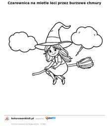 Czarownica na miotle leci przez burzowe chmury — kolorowanka do wydruku dla dzieci