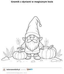 Gnomik z dyniami w magicznym lesie — kolorowanka do wydruku dla dzieci