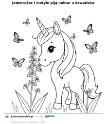 Jednorożec i motyle piją nektar z dzwonków — kolorowanka do wydruku dla dzieci