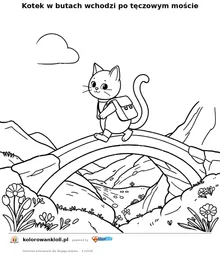 Kotek w butach wchodzi po tęczowym moście — kolorowanka do wydruku dla dzieci
