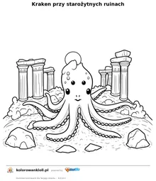 Kraken przy starożytnych ruinach — kolorowanka do wydruku dla dzieci