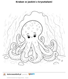 Kraken w jaskini z kryształami — kolorowanka do wydruku dla dzieci