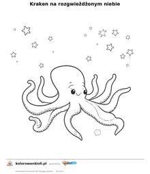 Kraken na rozgwieżdżonym niebie — kolorowanka do wydruku dla dzieci