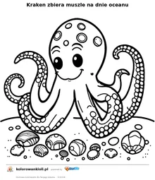 Kraken zbiera muszle na dnie oceanu — kolorowanka do wydruku dla dzieci