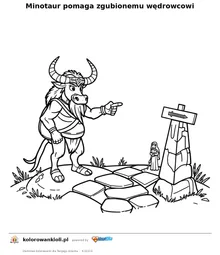Minotaur pomaga zgubionemu wedrowcowi — kolorowanka do wydruku dla dzieci