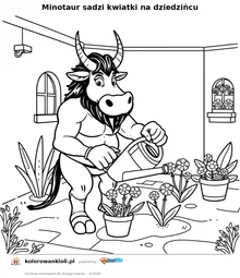 Minotaur sadzi kwiatki na dziedzincu — kolorowanka do wydruku dla dzieci