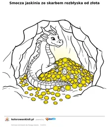 Smocza jaskinia ze skarbem rozblyska od zlota — kolorowanka do wydruku dla dzieci