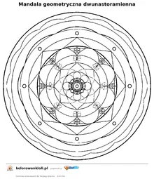 Mandala geometryczna dwunastoramienna — kolorowanka do wydruku dla dzieci