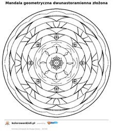 Mandala geometryczna dwunastoramienna złożona — kolorowanka do wydruku dla dzieci