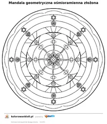 Mandala geometryczna ośmioramienna złożona — kolorowanka do wydruku dla dzieci