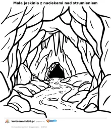 Mała jaskinia z naciekami nad strumieniem — kolorowanka do wydruku dla dzieci