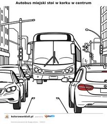 Autobus miejski stoi w korku w centrum — kolorowanka do wydruku dla dzieci