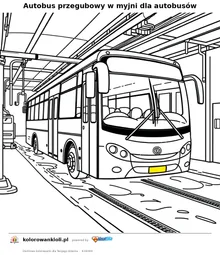Autobus przegubowy w myjni dla autobusów — kolorowanka do wydruku dla dzieci