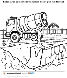 Betoniarka samochodowa wlewa beton pod fundament — kolorowanka do wydruku dla dzieci