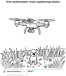 Dron quadrocopter szuka zagubionego pieska — kolorowanka do wydruku dla dzieci