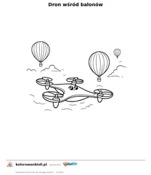 Dron wśród balonów — kolorowanka do wydruku dla dzieci