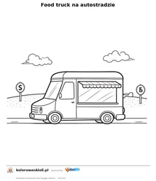 Food truck na autostradzie — kolorowanka do wydruku dla dzieci