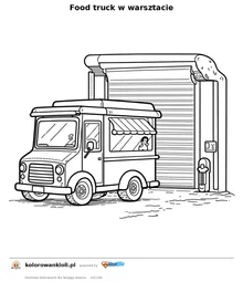 Food truck w warsztacie — kolorowanka do wydruku dla dzieci