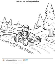 Gokart na leśnej ścieżce — kolorowanka do wydruku dla dzieci