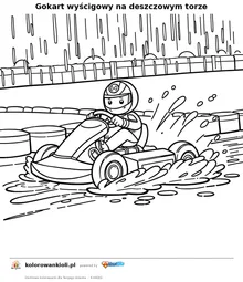 Gokart wyścigowy na deszczowym torze — kolorowanka do wydruku dla dzieci