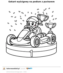 Gokart wyścigowy na podium z pucharem — kolorowanka do wydruku dla dzieci