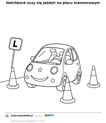 Hatchback uczy się jeździć na placu manewrowym — kolorowanka do wydruku dla dzieci