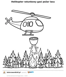 Helikopter ratunkowy gasi pożar lasu — kolorowanka do wydruku dla dzieci