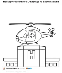 Helikopter ratunkowy LPR ląduje na dachu szpitala — kolorowanka do wydruku dla dzieci