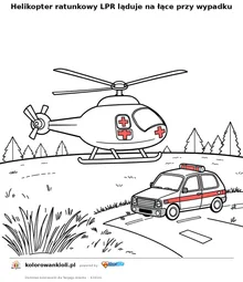 Helikopter ratunkowy LPR ląduje na łące przy wypadku — kolorowanka do wydruku dla dzieci