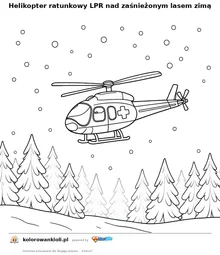 Helikopter ratunkowy LPR nad zaśnieżonym lasem zimą — kolorowanka do wydruku dla dzieci