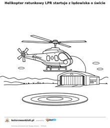 Helikopter ratunkowy LPR startuje z lądowiska o świcie — kolorowanka do wydruku dla dzieci