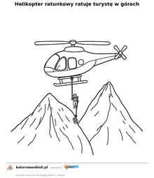 Helikopter ratunkowy ratuje turystę w górach — kolorowanka do wydruku dla dzieci
