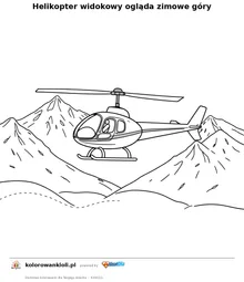 Helikopter widokowy ogląda zimowe góry — kolorowanka do wydruku dla dzieci