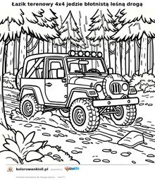 Łazik terenowy 4x4 jedzie błotnistą leśną drogą — kolorowanka do wydruku dla dzieci