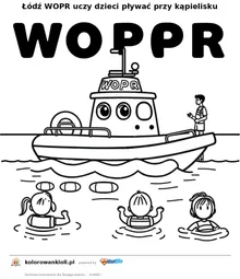Łódź WOPR uczy dzieci pływać przy kąpielisku — kolorowanka do wydruku dla dzieci