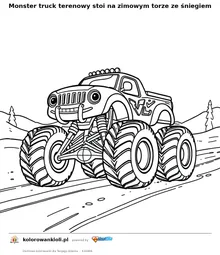 Monster truck terenowy stoi na zimowym torze ze śniegiem — kolorowanka do wydruku dla dzieci