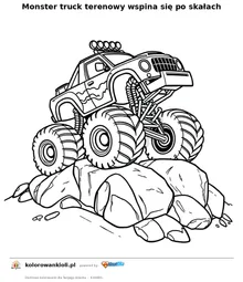 Monster truck terenowy wspina się po skałach — kolorowanka do wydruku dla dzieci