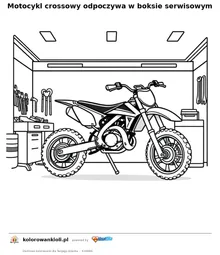 Motocykl crossowy odpoczywa w boksie serwisowym — kolorowanka do wydruku dla dzieci