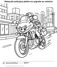 Motocykl policyjny jedzie na sygnale po mieście — kolorowanka do wydruku dla dzieci
