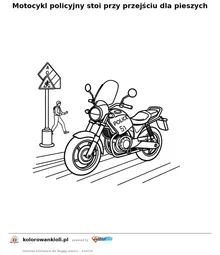 Motocykl policyjny stoi przy przejściu dla pieszych — kolorowanka do wydruku dla dzieci