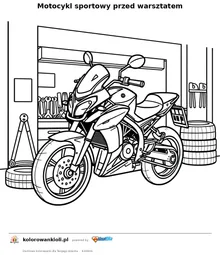 Motocykl sportowy przed warsztatem — kolorowanka do wydruku dla dzieci