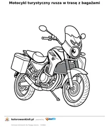 Motocykl turystyczny rusza w trasę z bagażami — kolorowanka do wydruku dla dzieci