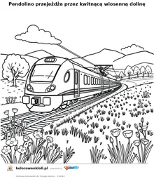 Pendolino przejeżdża przez kwitnącą wiosenną dolinę — kolorowanka do wydruku dla dzieci