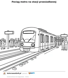 Pociąg metra na stacji przesiadkowej — kolorowanka do wydruku dla dzieci