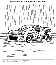 Samochód NASCAR jedzie w deszczu — kolorowanka do wydruku dla dzieci